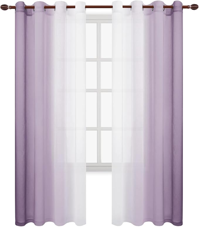 DWCN Faux Linen Ombre Sheer Curtains - 96 inches Long Gradient Semi Voile Curtains for Bedroom and Living Room, Set of 2 Grommet Top Window Curtain Panels, 52 x 96 Inches Long, Lavender