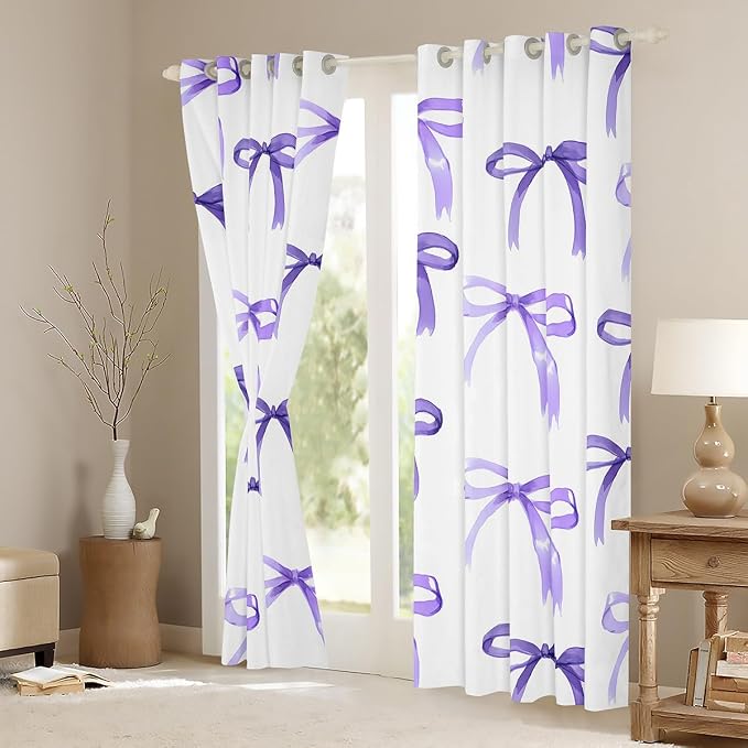 Feelyou Bow Room Darkening Blackout Curtain Boys Girls (2 Panels, 38 x 45 Inch) Purple Girls Bow Curtains for Bedroom Living Room Cute Bowknot Blackout Curtains Kawaii Window Treatments