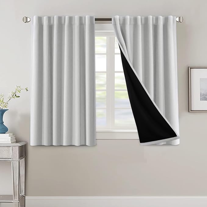 H.VERSAILTEX 100% Blackout Curtains for Bedroom with Black Liner Full Room Darkening Curtain 45 Inch Long Thermal Insulated Back Tab/Rod Pocket Window Drapes for Living Room, 2 Panels, Greyish White
