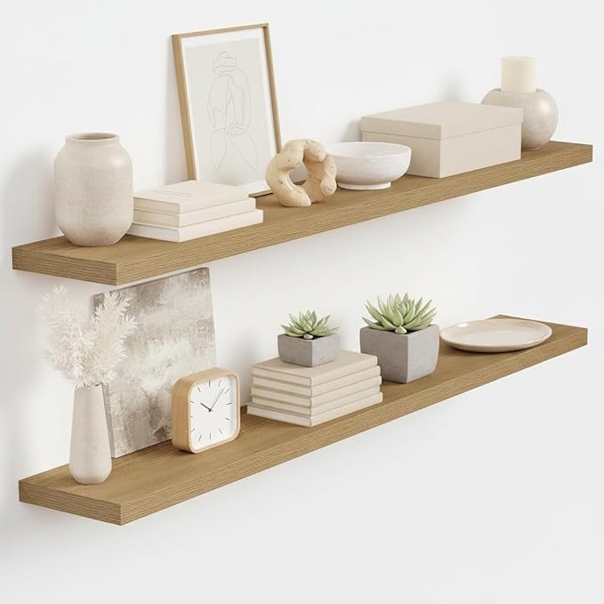 Vivelove 48 Inch Floating Shelves for Wall, 48x9 Display Shelves for Bathroom Living Room Kitchen Bedroom Office Farmhouse Home Decor - Set of 2, Oak