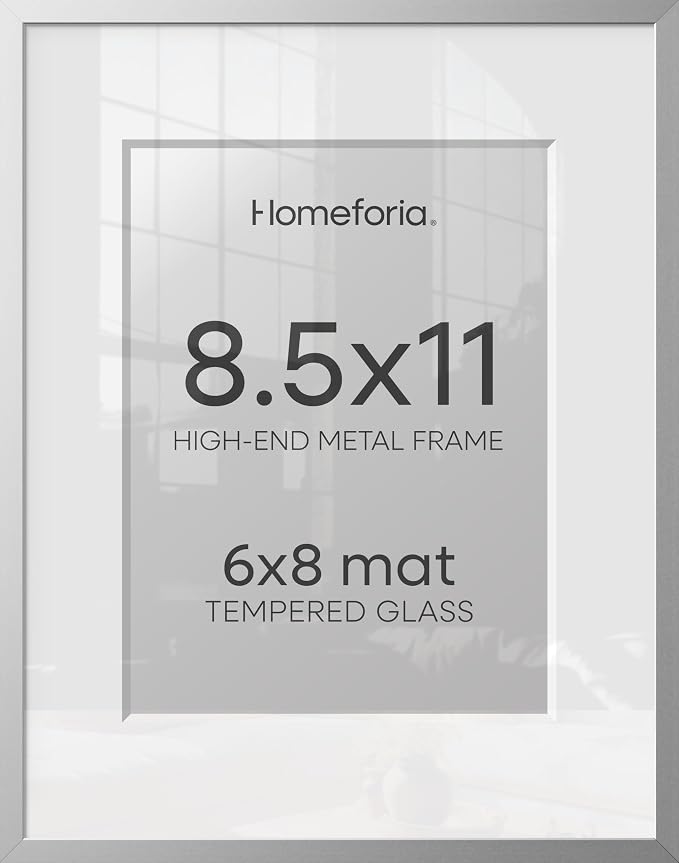 Homeforia 8.5x11 Picture Frame Silver, High End Metal 8.5 x 11 Poster Frames with Mat 6 by 8 Photo, 11x8.5 Frame Matted to 6x8 Print, 8.5by11 Wall or Tabletop Frame, Tempered Glass, Wall Kit, Set of 3