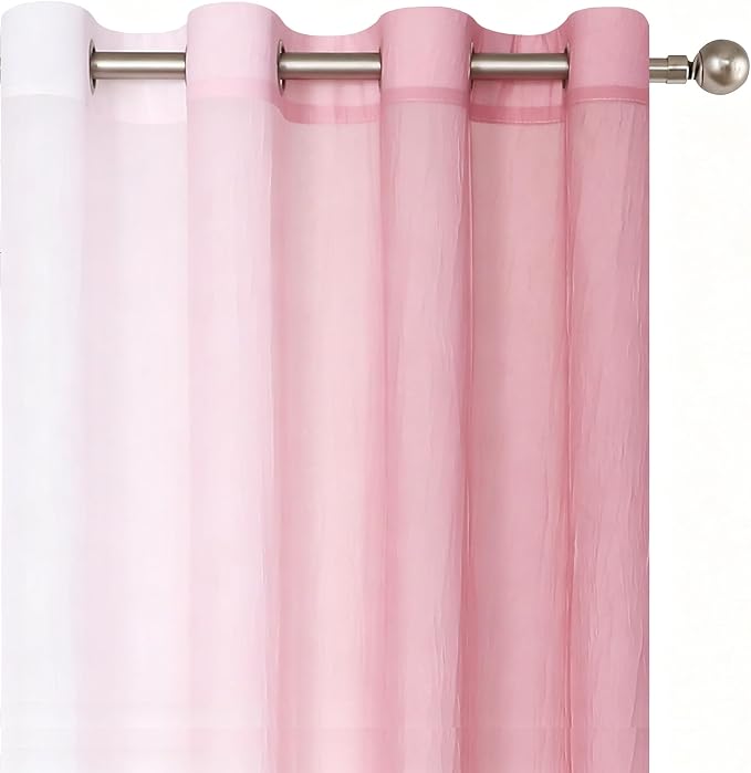 Purainbow Pink Ombre Sheer Curtains for Living Room Chiffon Crinkle Semi Sheer Curtain Panels for Bedroom Decor, Light Filtering Gradient Window Treatments with Grommet Top, 2 Panels, 52" Wx95 L