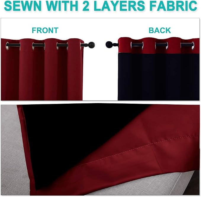 NICETOWN 100% Blackout Blinds, Set of 2, 46" x 45", Burgundy Red, Laundry Room Decor Window Treatment Curtains for Large Patio Sliding Door, Thermal Insulated Curtains for Bedroom