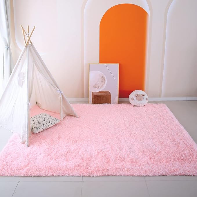 CAIYUECS Pink Area Rug for Girls Bedroom: Shag Rugs for Living Room - 4x6 Feet Non-Slip Modern Furry Faux Fur Rugs for Nursery Kids Room,Fuzzy Plush Rug for Dorm Home Decor