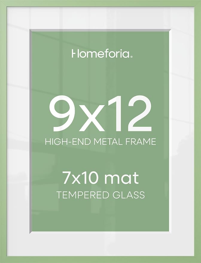 Homeforia 9x12 Sage Green Frame, High End Metal 9 x 12 Picture Frame with Mat 7 by 10 inch Photo, 9by12 Poster Frame Matted to 7x10 Art, 12x9 Wall or Tabletop Frame, Tempered Glass, Wall Kit, Set of 2
