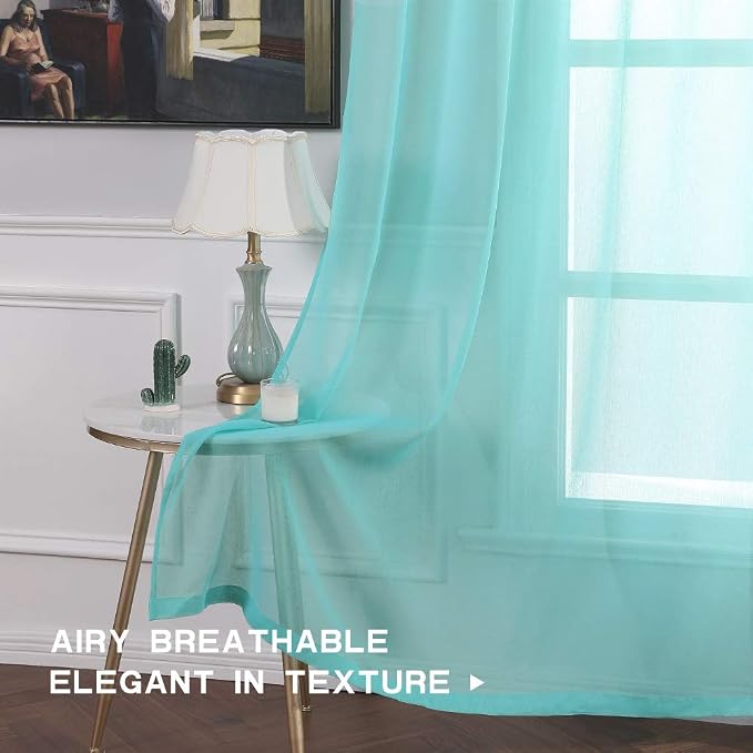 MIULEE 2 Turquoise Semi Sheer Window Curtains - Elegant Grommet Top Voile Panels/Drapes/Treatment - Aqua Blue Linen Textured for Bedroom Living Room (54X72 Inches)