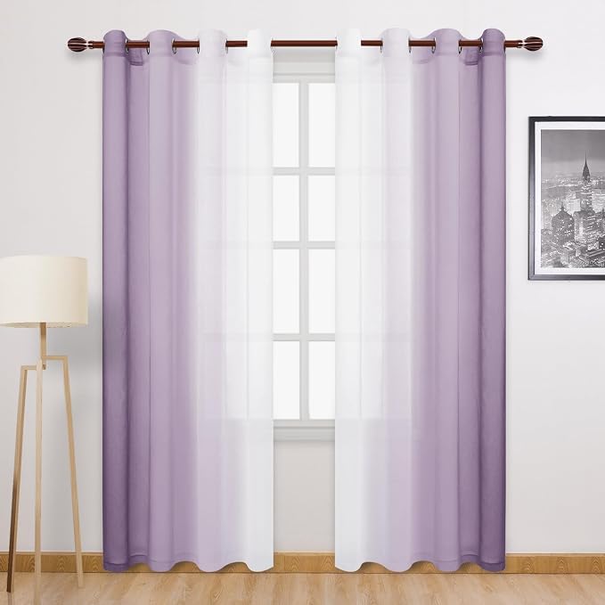 DWCN Ombre Faux Linen Extra Long Sheer Curtains - Semi Voile Gradient Grommet Top Curtains for Bedroom and Living Room, 52 x 102 Inches Long, Set of 2 Window Curtain Panels, Lavender