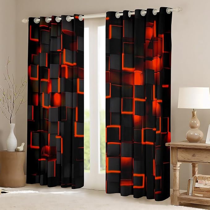 Feelyou Orange and Black Darkening Drapes (2 Panels, 42 x 84 Inch) Light Geometric Curtains for Bedroom Living Room Girls Decor Blackout Curtains Modern Style Window Treatments