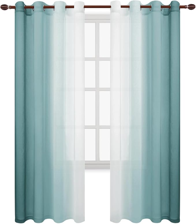 DWCN Blue Faux Linen Ombre Sheer Curtains - 84 inches Length Gradient Semi Voile Curtains for Bedroom and Living Room, Set of 2 Grommet Top Window Curtains, 52 x 84 Inches Long, Peacock Blue