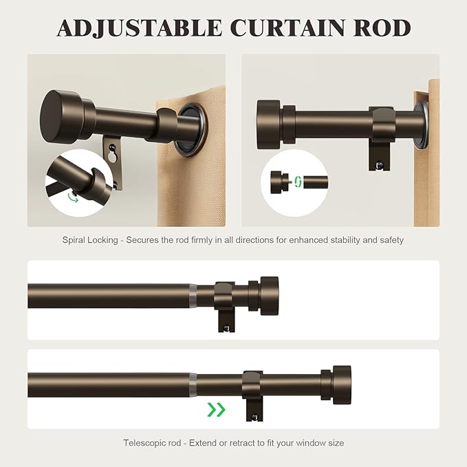 Oneach Brown Curtain Rods for Windows 28 to 48 Inch, 1 Inch Pole Adjustable Length Heavy Duty Metal Curtain Rod Set, for Outdoor Bedroom Kitchen Living Room (16 to 60 Inch)