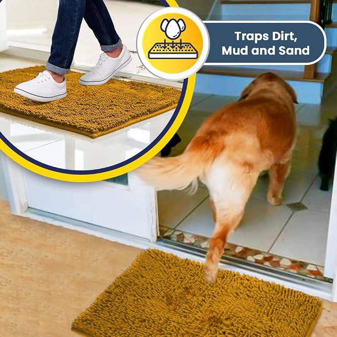 Muddy Mat® | Super Water Absorbent Door Mat Indoor, Microfiber Quick Dry Chenille Entryway Rug, Slip Resistant Front Door Mat, Indoor Mats for Entryway, Machine Washable Pet Rug, Gold 24" x 44"