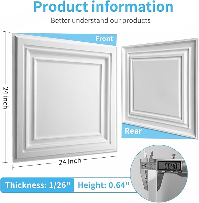 Art3d PVC Ceiling Tiles, 2'x2' Plastic Sheet in White (24-Pack)
