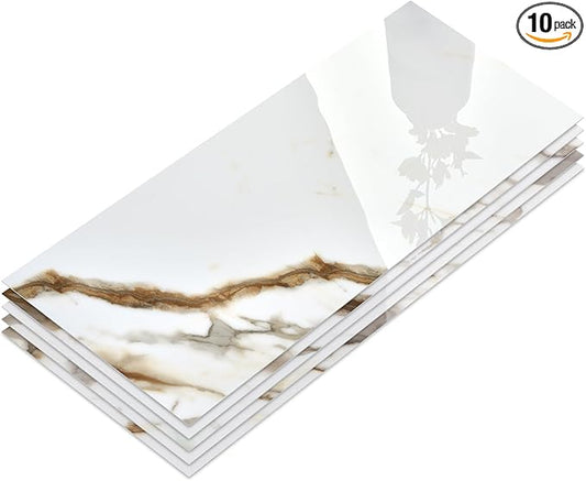 10-Sheet Subway Peel and Stick Backsplash, 12" x 24" Glossy Calacatta Gold Acrylic Self Adhesive Waterproof Wall Stickers, Stick on Tiles for Kitchen Bathroom Shower
