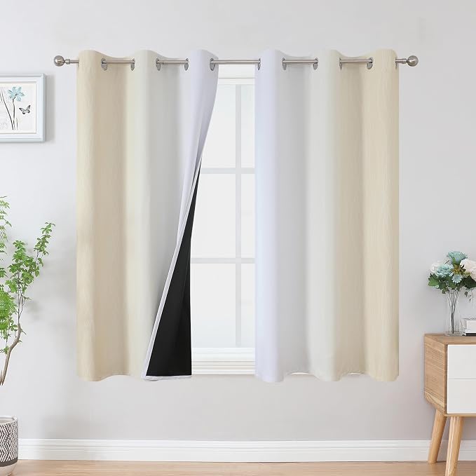 Estelar Textiler Beige and Greyish White Ombre Blackout Curtains 45 Inch Length 2 Panels, Full Room Darkening Gradient Drapes for Bedroom, Thermal Insulated Grommet Short Curtains for Bathroom,42Wx45L