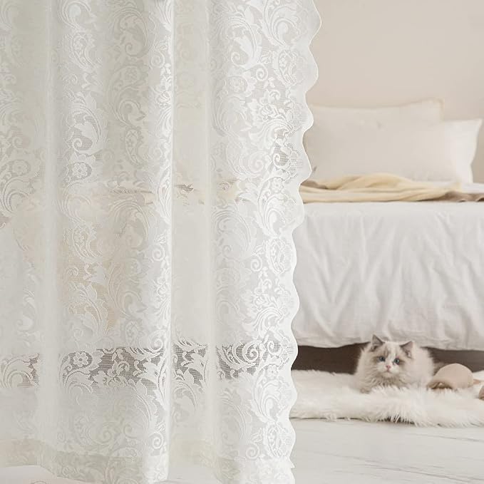 ALIGOGO Ivory Lace Curtains 63 Inch Length - Vintage Floral Cream Sheer Curtains for Bedroom Nursery 2 Panels, Rod Pocket Privacy Off White Window Treatments with Scalloped Edges, 52 x 63 Inch