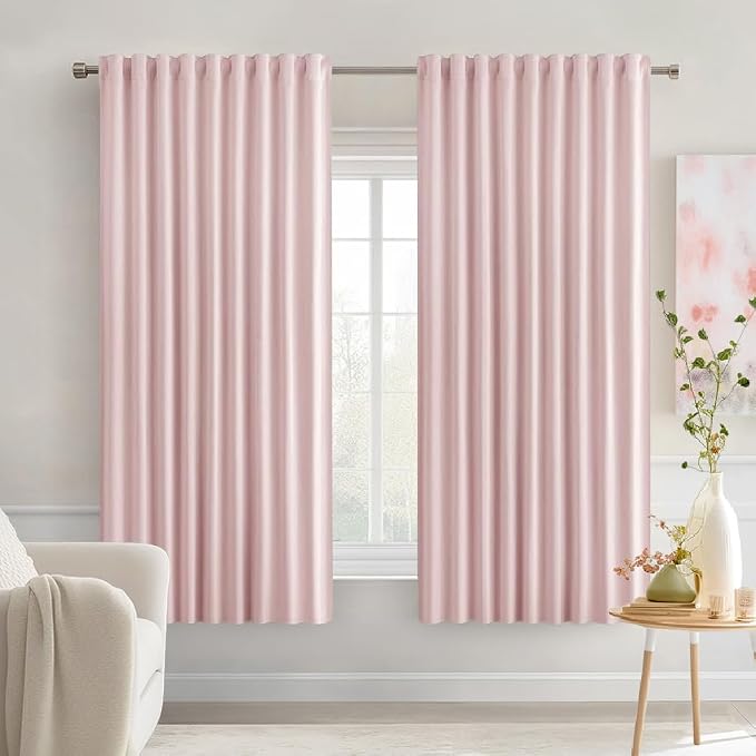 MIULEE Light Pink Back Tab Blackout Curtains 63 Inch Length 2 Panels Set for Living Room Bedroom Privacy, Rod Pocket/Pinch Pleat Thermal Insulated Room Darkening Pleated Light Blocking Drapes