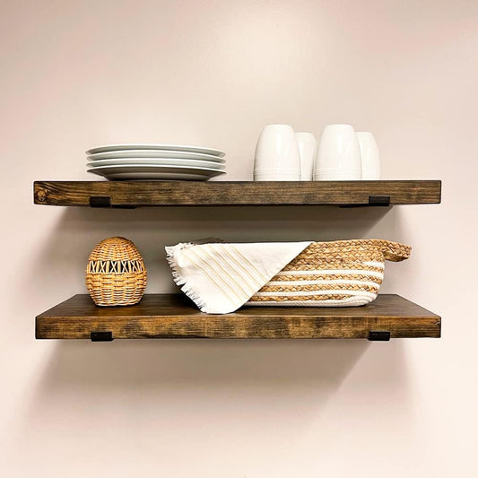 Rustic Shelves with J-Brackets Set of 2, Industrial Shelf, Kitchen Shelves, Solid Wood, Decorative Wall Storage, Heavy Duty, URBANDI (Dark Brown, 36Wx12D)