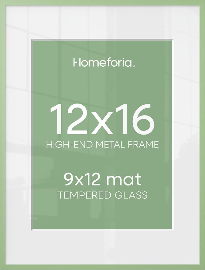 Homeforia 12x16 Sage Green Picture Frame, High End Metal 12x16 Poster Frames with Mat 9x12 Photo, 12 x 16 Sage Green Frame Matted to 9 by 12 Art, 16x12 Thin Frames, Tempered Glass, Wall Kit, Set of 1