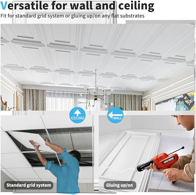 Art3d Drop Ceiling Tiles, 24x48in. White (12-Pack), Polyvinyl Chloride (PVC), Glue Down