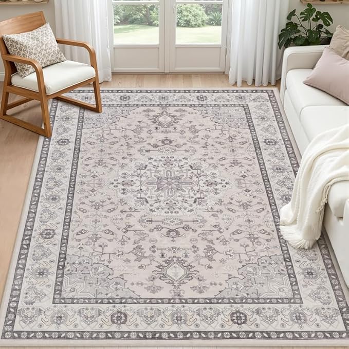 6x9 Area Rugs for Living Room: Vintage Boho Neutral Washable Rug Indoor Soft Large Area Rug Carpet for Bedroom Nursery Farmhouse Dining Room Office Floor Non-Slip Low Pile Under Table Beige & Grey