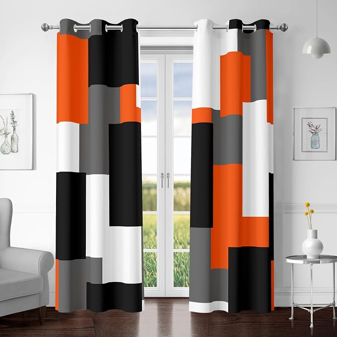 Tyrot Orange 100% Blackout Curtains for Bedroom 63 inch Length 2 Panels Set White Grey Modern Abstract Geometric Black Out Curtains Insulated Room Darkening Window Drapes for Living Room, 42Wx63L