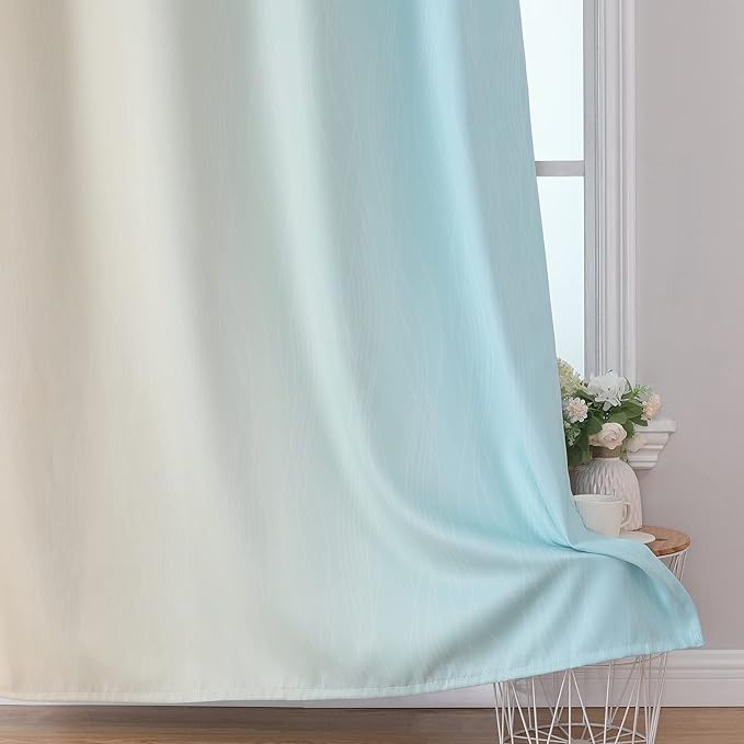 Estelar Textiler Aqua and Beige Ombre Blackout Curtains 45 Inch Length, Light Blocking Gradient Drapes for Bedroom, Thermal Insulated Grommet Curtains for Bathroom,52Wx45L,2 Panels