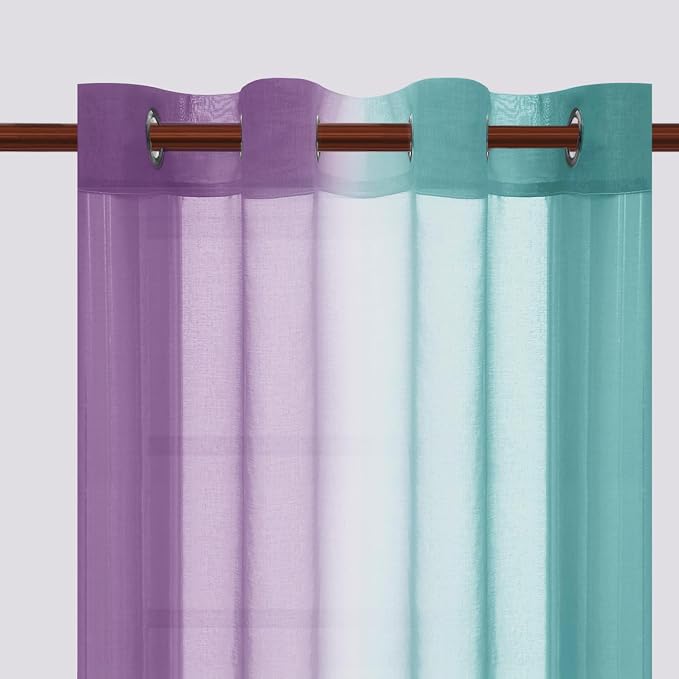DWCN Ombre Sheer Curtains - Faux Linen Semi Voile Grommet Top Gradient Curtains for Bedroom and Living Room, Set of 2 Window Curtain Panels, 52 x 84 Inch Length（Teal and Purple