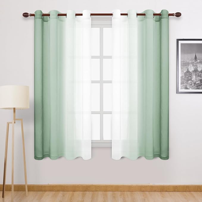 DWCN Light Sage Faux Linen Ombre Sheer Curtains - 63 inches Long Gradient Semi Voile Curtains for Bedroom and Living Room, Set of 2 Grommet Top Window Curtain Panels, W52 x L63 Inches, Sage Green