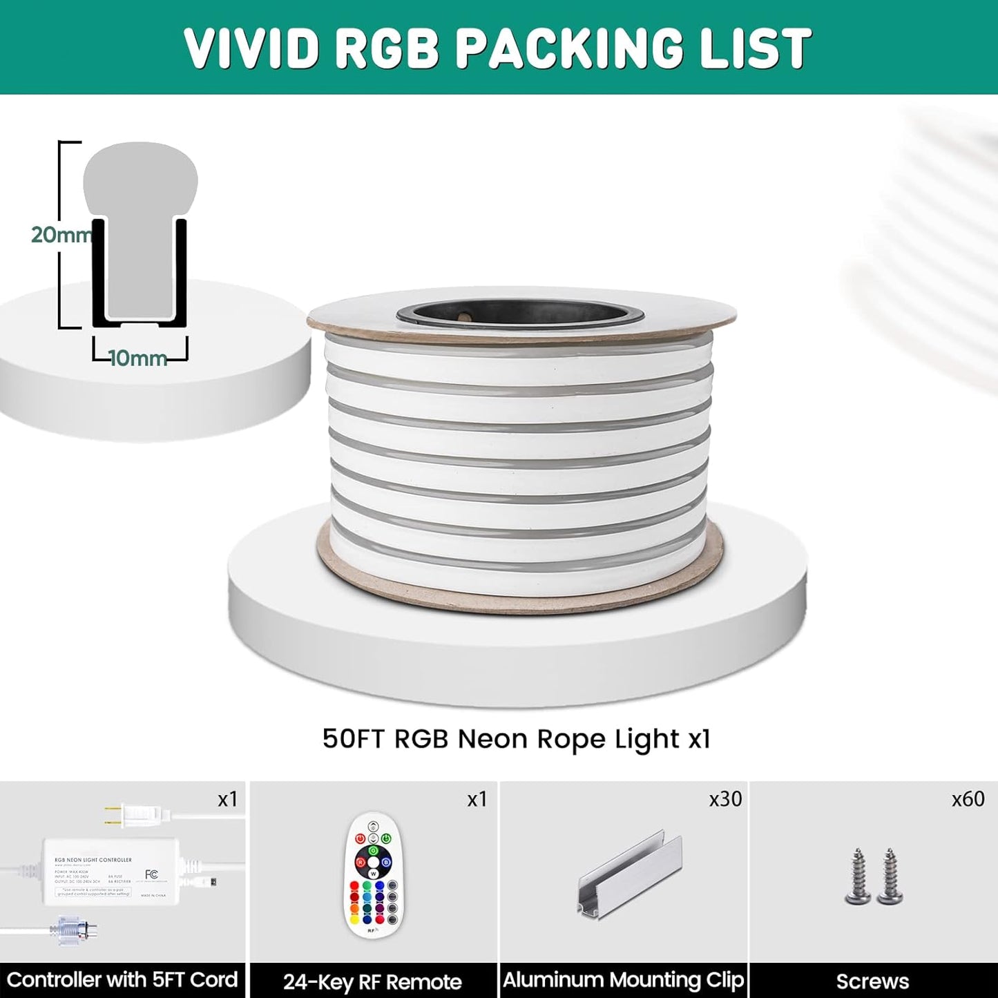 GZBtech RGB LED Neon Rope Lights 50FT/15M, AC 110-120V Waterproof Color Changing LED Rope with Remote Controller, Dimmable Multi Color Neon Rope Lighting for Indoor Outdoor Commercial Use