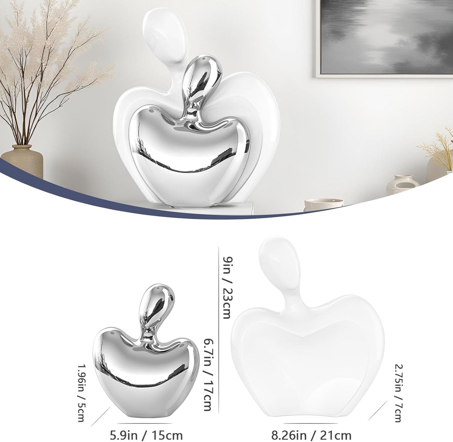 XMGZQ White and Silver Ceramic Couple Figurines Home Decor,Wedding Engagement Romantic Gift for Husband Wife,Large Male and Female Love Statue Valentine's Day Birthday,Abstract Hugging Couple