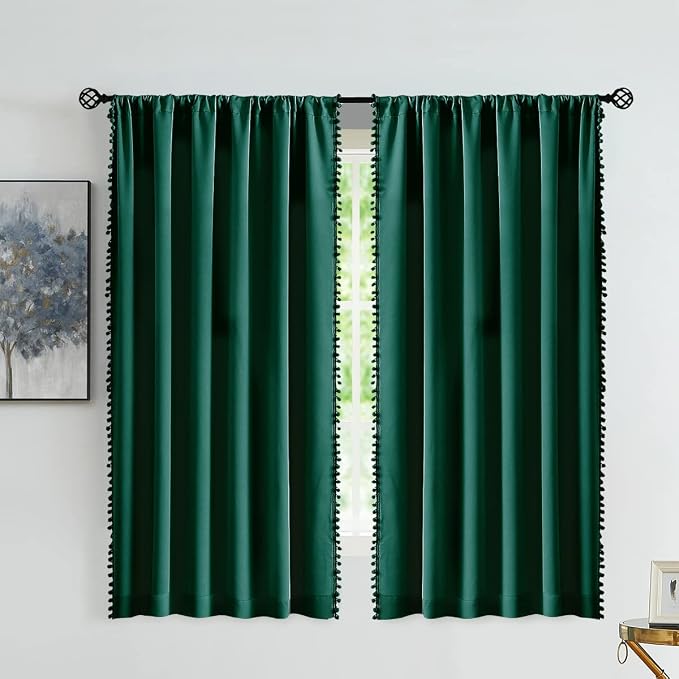 Treatmentex Pompom Green Full Blackout Curtains for Bedroom Living Room 63 inch Thermal Insulated Window Curtain Panels for Christmas Décor 52" w x2 Panels Rod Pocket