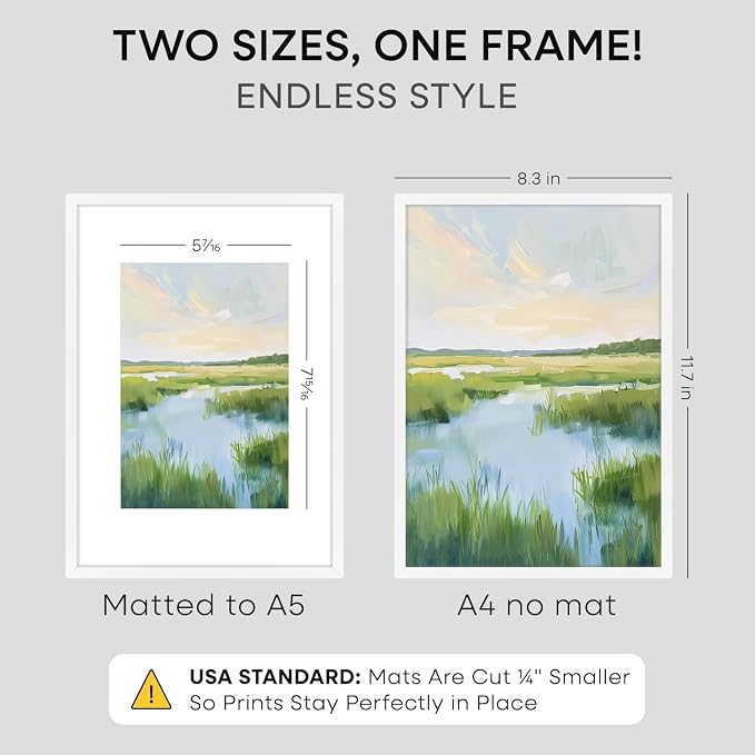 Homeforia A4 Picture Frame White, High End Metal 8.3 x 11.7 Frames for Wall, A4 Photo Frame with Mat for A5 inch Print, 8.25 by 11.75 White Poster Frames, 8.3x11.7 Frame with Glass, Wall Kit, Set of 1