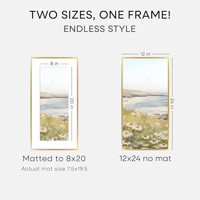 Homeforia 12x24 Picture Frame Gold, High End Metal 12x24 Poster Frames with Mat 8x20 inch Photo, 12 x 24 Gold Frames Matted to 8 by 20 Print, 24x12 Panoramic Frames, Tempered Glass, Wall Kit, Set of 1