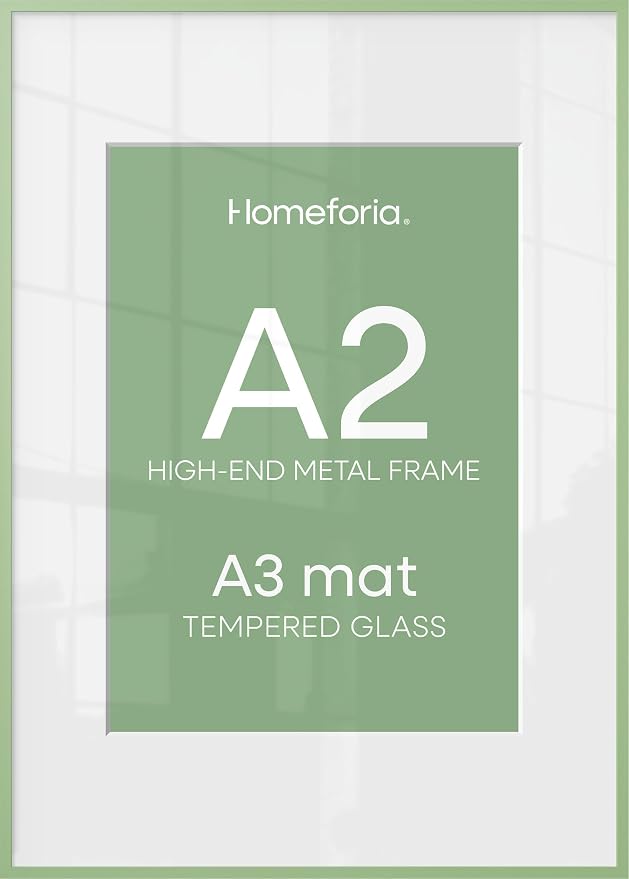 Homeforia A2 Poster Frame Sage Green, High End Metal A2 Picture Frame Sage Green with Mat A3 for Print, 16.5x23.4 Frame Matted to 11.7x16.5 Photo, 16.5 x 23.5 Frame, Tempered Glass, Wall Kit, Set of 1