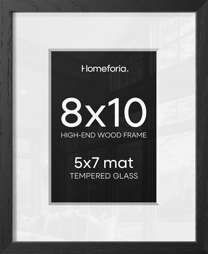 Homeforia 8x10 Picture Frame Black Wood, High End Oak 8 x 10 Wooden Frames with Mat 5 by 7 Print, 8x10 Frame Matted to 5x7 inch Photo, 8by10 Wall or Tabletop Frames, Tempered Glass, Wall Kit, Set of 3
