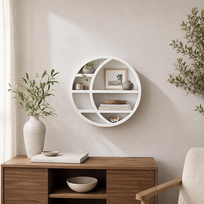 Wooden Crescent Moon Shelf — Boho Wall Decor Crystal Display Shelf for Bedroom, Dorm & Nursery | Crystal Holder for Essential Oils, Witchy & Moon Phase Decor | 14x14x3.5 | Paulownia Wood