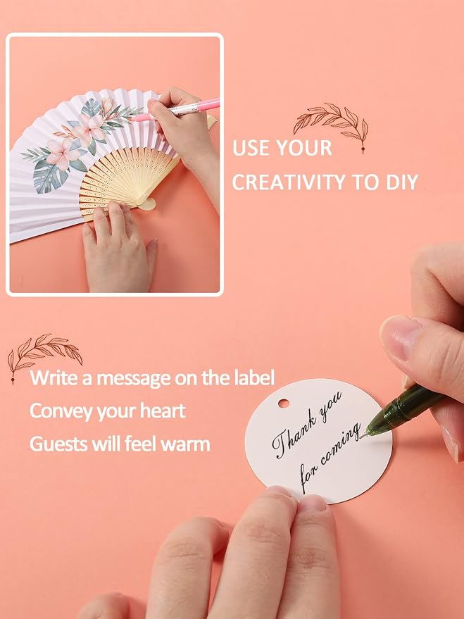Cosweet 60 Set Wedding Hand Fans with Thank You Tags & Organza Bags, White Paper Fans Bulk Bamboo Decorative Folding Fans for Wedding Guests Party Favors Bridal Shower Church Decoration