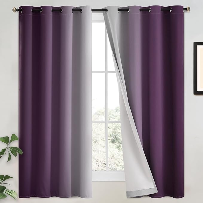 Yakamok 100% Blackout Curtains Ombre Purple Curtains for Bedroom 63 Inch | 2 Layers,Room Darkening Grommet Gradient Drapes,Light Blocking Thermal Insulated Window Curtains for Living Room 52W x 63 L