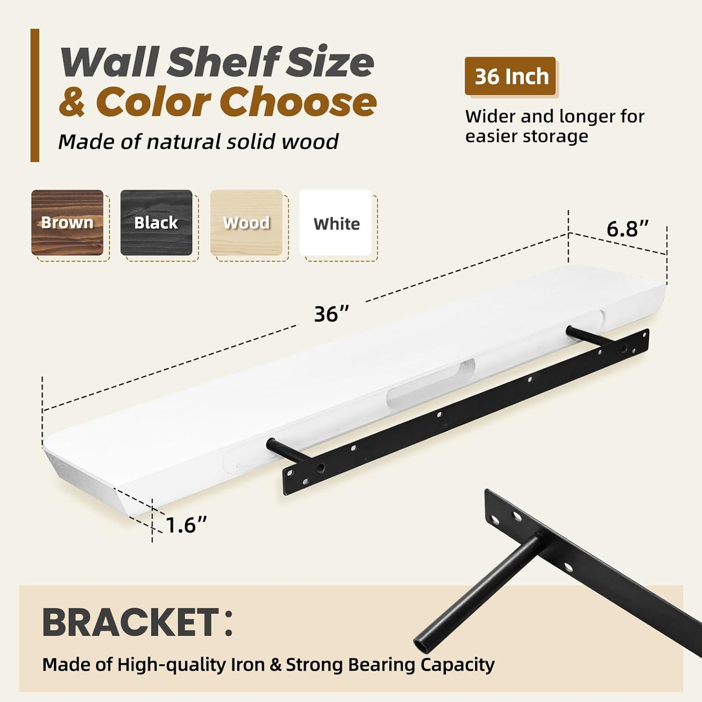 36"x6.8"x1.6" Slanted Floating Wall Shelves 2-Pack - Rustic White Finish, Heavy-Duty Solid Wood Design with Hidden Brackets - Perfect for Living Room, Kitchen, Bathroom, or Office