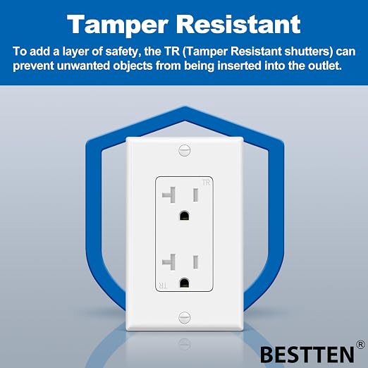 BESTTEN 20 Pack 20 Amp Decor Wall Receptacle Outlet, 20A Tamper-Resistant (TR) Electrical Outlet with Wallplate, Residential and Commercial Use, UL Listed, White