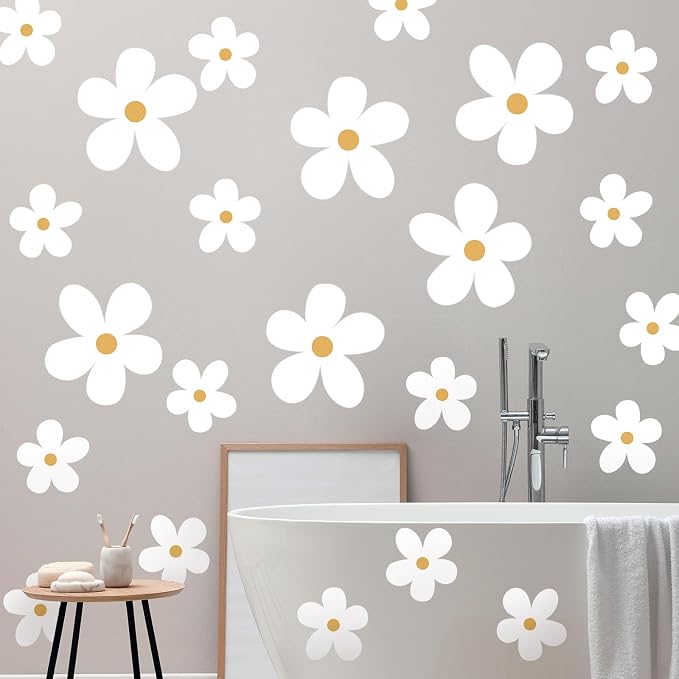TaoBary 12 Sheet Daisy Wall Sticker Decal Removable Cute Daisy Bedroom Room Decor Flower Wall Sticker Pink White Flower Decal Wallpaper Peel and Stick for Nursery Home(White, Yellow,Stylish Style)