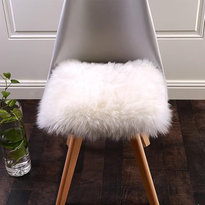 Softlife White Sheepskin Chair Cover 4 PCs Seat Cushion Pad Super Soft Area Rugs for Living Bedroom Sofa Dorm (1.6ft x 1.6ft)