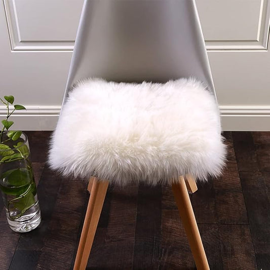 Softlife White Sheepskin Chair Cover 4 PCs Seat Cushion Pad Super Soft Area Rugs for Living Bedroom Sofa Dorm (1.6ft x 1.6ft)