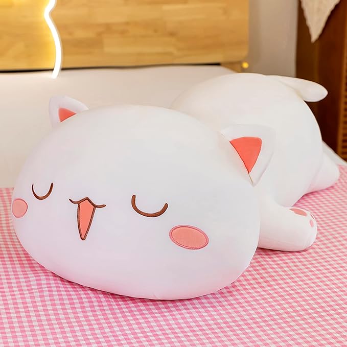 FUYU Cat Stuffed Animals, Soft Cat Plush Pillow Kawaii Kitten Stuffed Animal Toy Gifts for Kids Boys Girls Room Decor (White Squinted Eyes,35in/87)