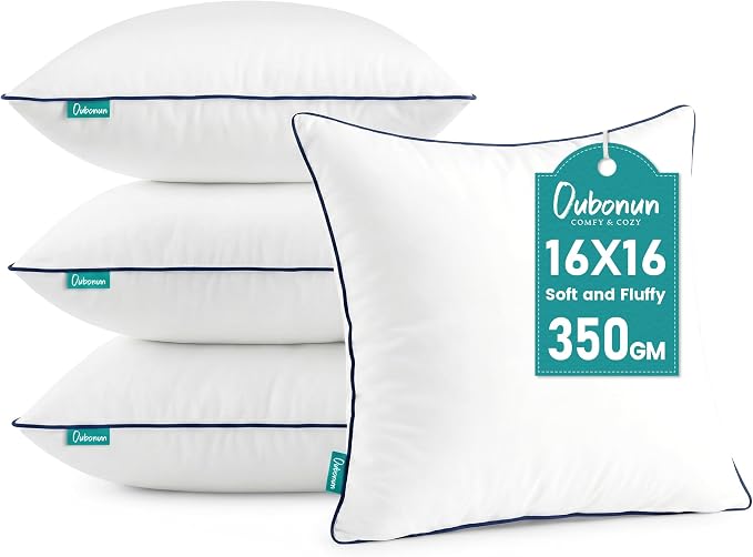 Oubonun 16 x 16 Throw Pillow Inserts – Durable & Structured, Soft Down Alternative Decorative Pillows with Piping Edge for Couch Sofa Bed, Machine Washable, White, Pack of 4