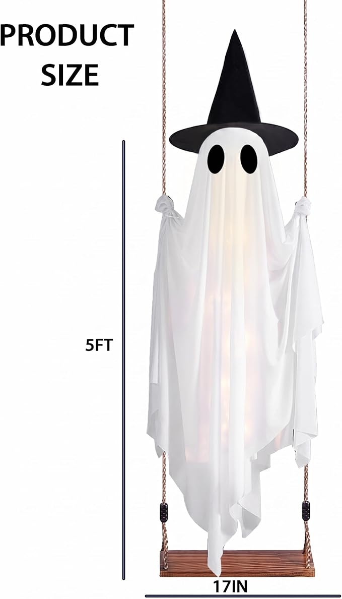 Halloween Hanging Swing Ghost Halloween Decor, Spooky Ghost Decor Outdoor | LED Lights & Remote Control, Timer Function, Waterproof, Solid Wood,With Witch Hat, Rope Adjustable