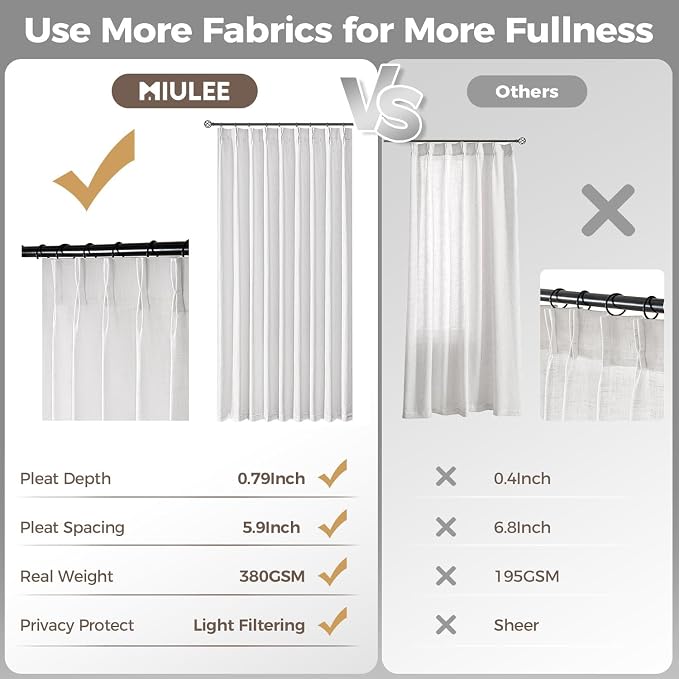 MIULEE Pinch Pleated Thick Linen Curtains 84 Inches Long 2 Panels, White Linen Texture Memory Trained Drapes for Living Room Bedroom, Pinch Pleat Light Filtering Farmhouse Window Curtains with Hooks