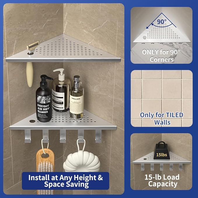Grout in Shower Shelves with Hooks, 304 Stainless Steel Corner Bathroom Shelf for Tiled Wall (Brushed, 10'' x 10'')