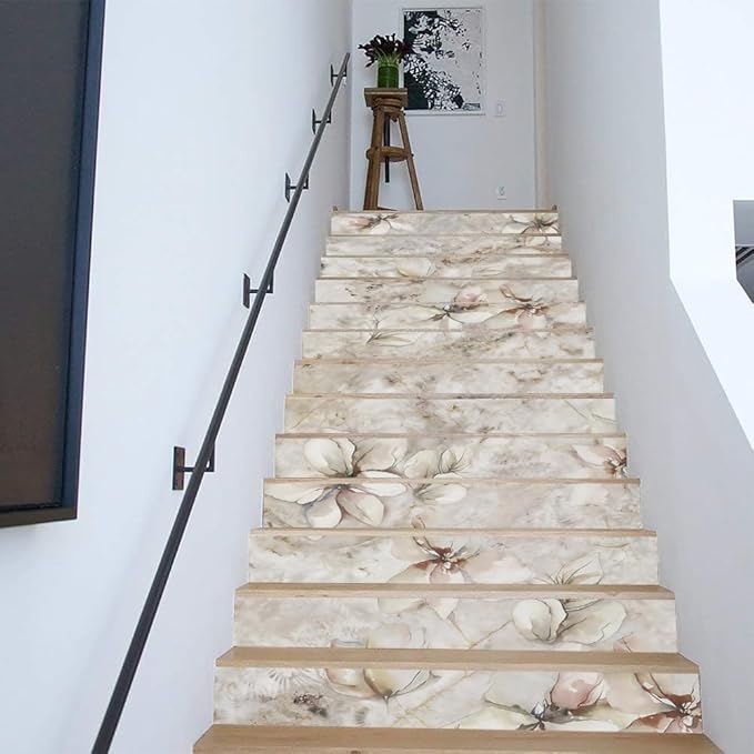 REDAMANCY Watercolor Boho Cream Sand Magnolia Florals Peel and Stick Vinyl Stair Riser Decals Staircase Tile Stickers Decor Modern Marble Decoration Self-Adhesive(14 Pcs)