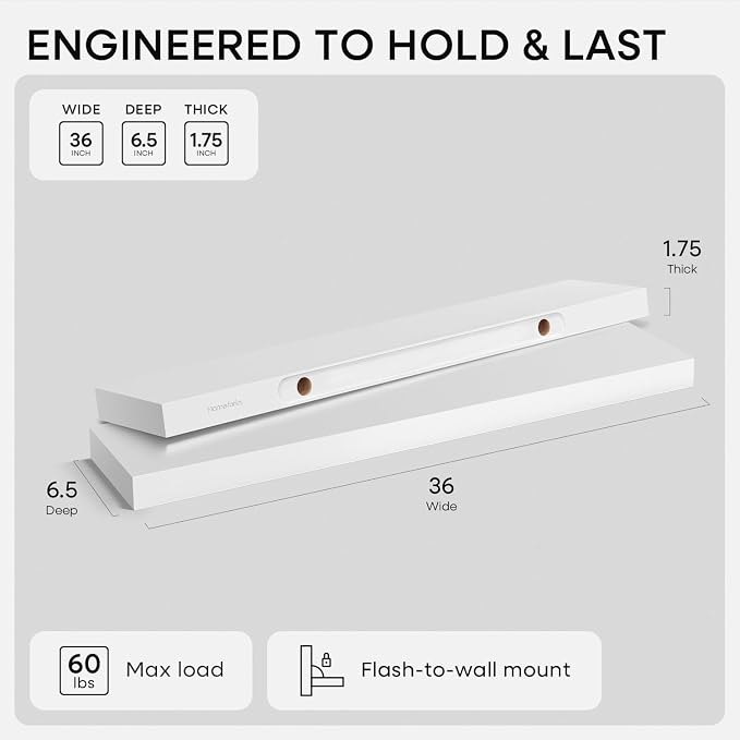 Homeforia White Floating Shelves 36 inch, High End Solid Real Wood 36inch Floating Shelf for Wall Mounted, White Wooden 36in Long Floating Shelves, Heavy Duty Bracket, 36 X 6.5 X 1.75 inches, Set of 3